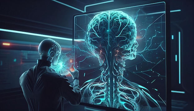 A doctor in the future uses advanced holographic scanning of a patient's brain cell disease and diagnostic scan AI Generative