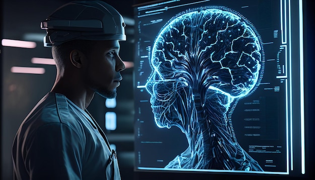 A doctor in the future uses advanced holographic scanning of a patient's brain cell disease and diagnostic scan AI Generativex9