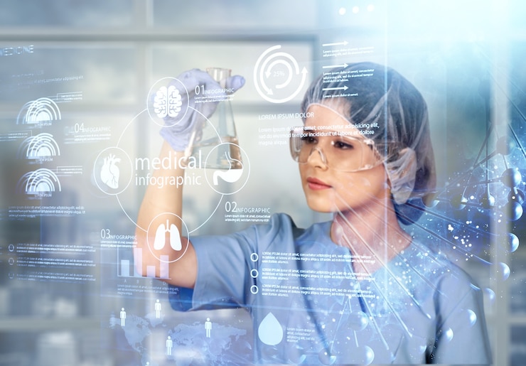 Photo doctor in futuristic medical concept pressing button