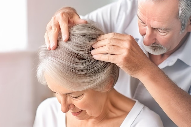 doctor gives an acupuncture head massage to an elderly woman with gray hair