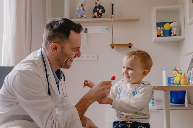 Foto il dottore dà un lecca-lecca a un pediatra infantile nel suo ufficio