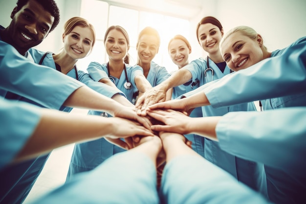 Doctor group and stack hands in circle for teamwork portrait happiness