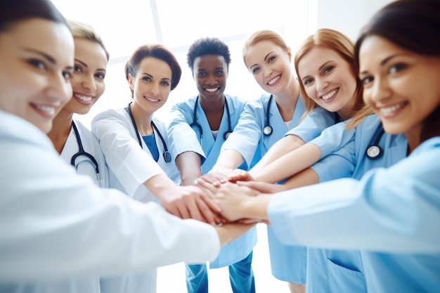 Doctor group and stack hands in circle for teamwork portrait happiness