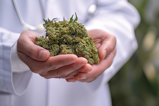 doctor hand holding cannabis for medical purposes bokeh style background