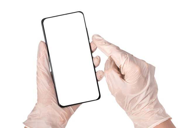 Doctor hands in gloves holding phone mockup isolated on white background Online communication with patient using medical application in smartphone telehealth telemedicine concept