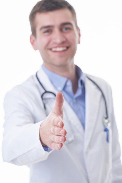 doctor handshake friendly male doctor with open hand ready for hugging