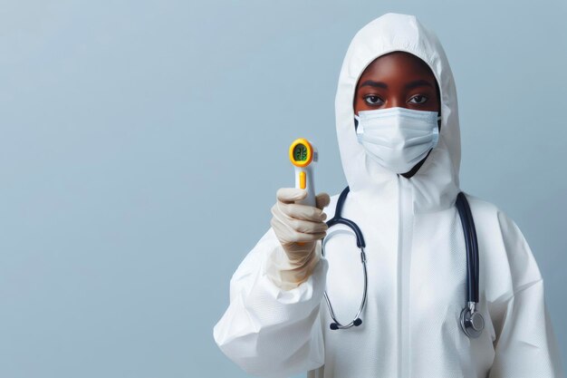 Doctor in hazmat suit hold temperature with thermometer gun ai generative