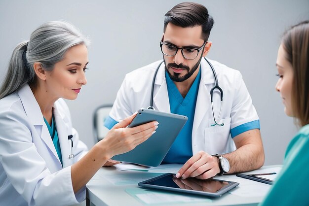 Doctor healthcare and medicine with a patient talking test results and progress on a tablet in a hospital clinic Trust help and medical consulting with a professional medicare worker in his