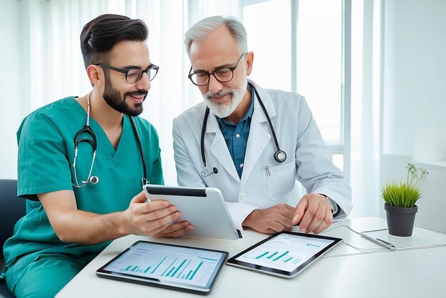 Doctor healthcare and medicine with a patient talking test results and progress on a tablet in a hospital clinic Trust help and medical consulting with a professional medicare worker in his