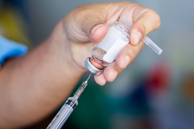 Doctor hold syringe prepare for injection on cat’s sterilization 