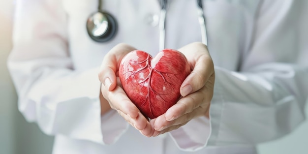 심장 심장과 의학 교육의 3D 모델을 들고 있는 의사