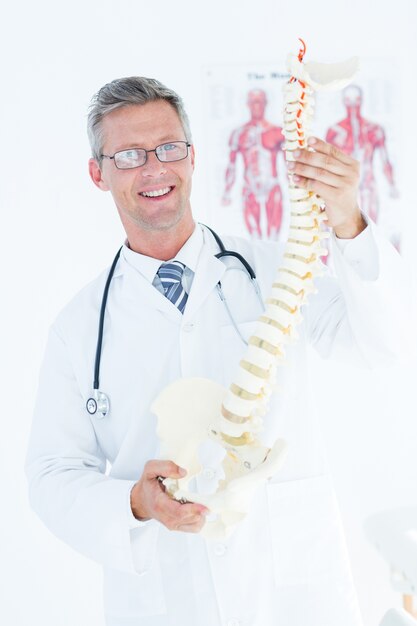 Doctor holding anatomical spine and smiling at camera