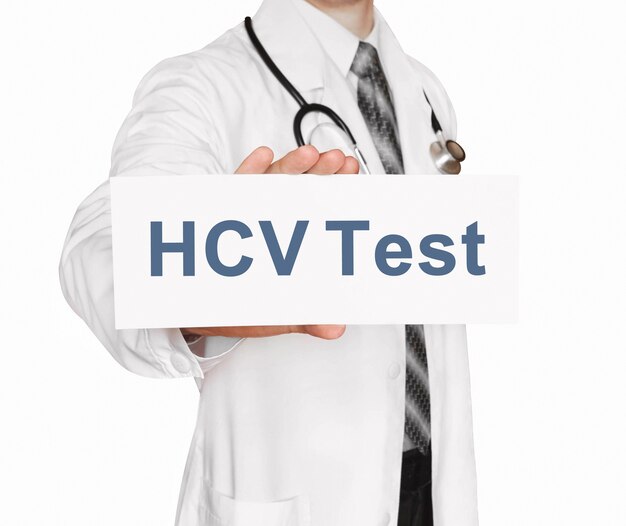 Photo doctor holding a card with hcv test , medical concept