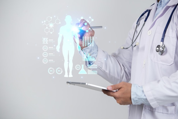 A doctor holding a clipboard with a graphic of a person holding a clipboard that says'the word health'on it