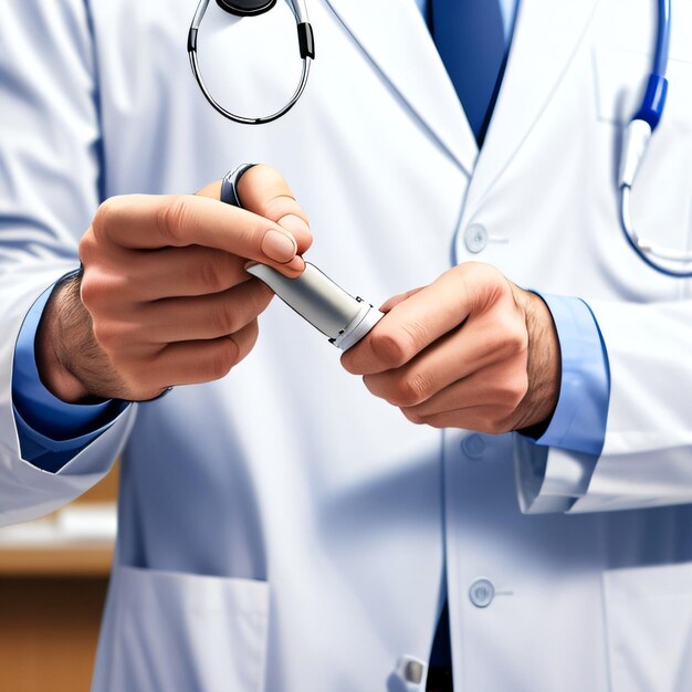 A doctor holding a device with a stethoscope on it.