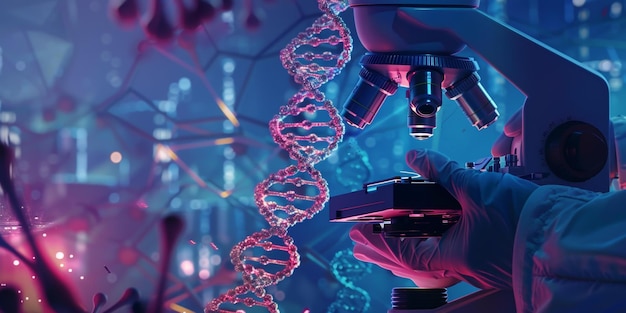 Photo a doctor holding a dna molecules under the microscope in the style of scifi environments