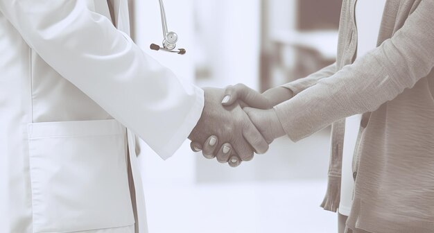 A doctor holding hand over hand shaking