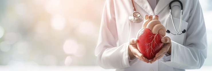 Photo doctor holding human heart model anatomy and healthcare