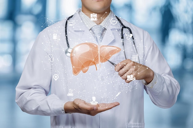 A doctor holding a liver with icons of icons around it.