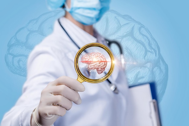 A doctor holding a magnifying glass with a brain inside.