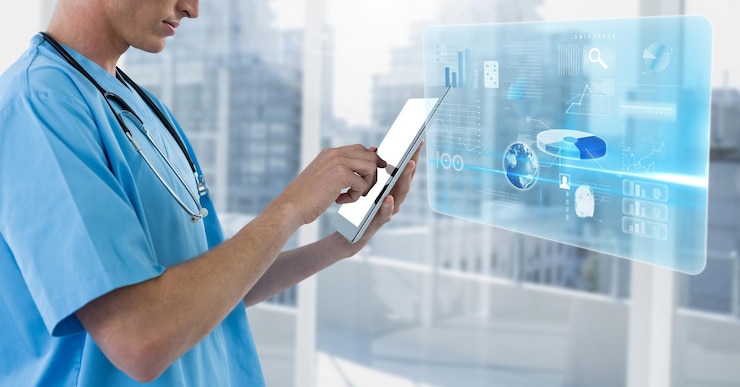 Photo doctor holding phone with interface by city windows