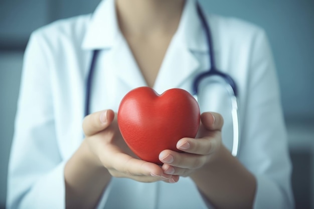 Doctor holding red heart in hands Generative AI