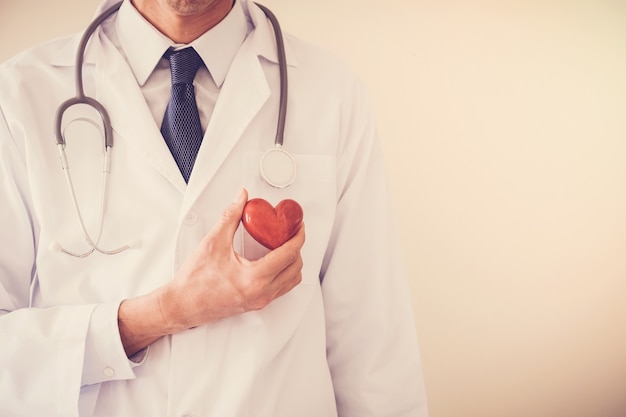 Doctor holding red heart, heart health insurance concept