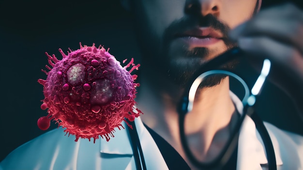 Photo a doctor holding a red virus ball in his hand.