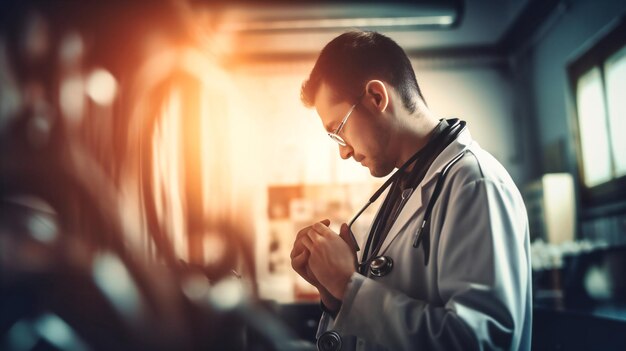 A doctor holding on to stethoscope in an exam room