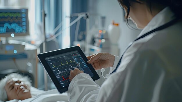 Врач с планшетом, показывающим пациентов, представляющих инновации в удаленной медицинской помощи