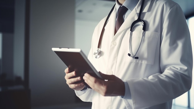 A doctor holding a tablet in his hand.