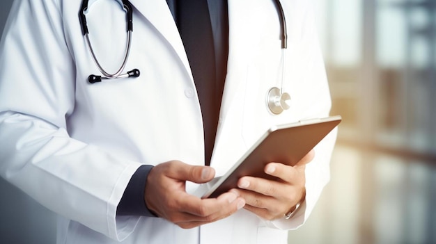 doctor holding a tablet with a stethoscope in his hand.