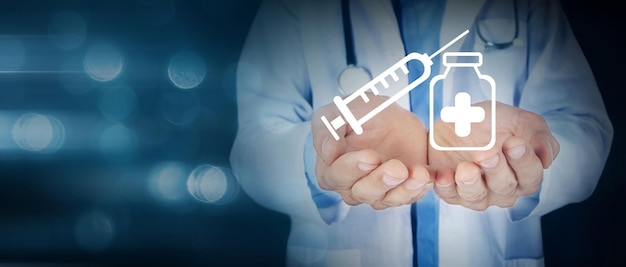 Photo doctor holding a vaccine and syringe icon in his hand