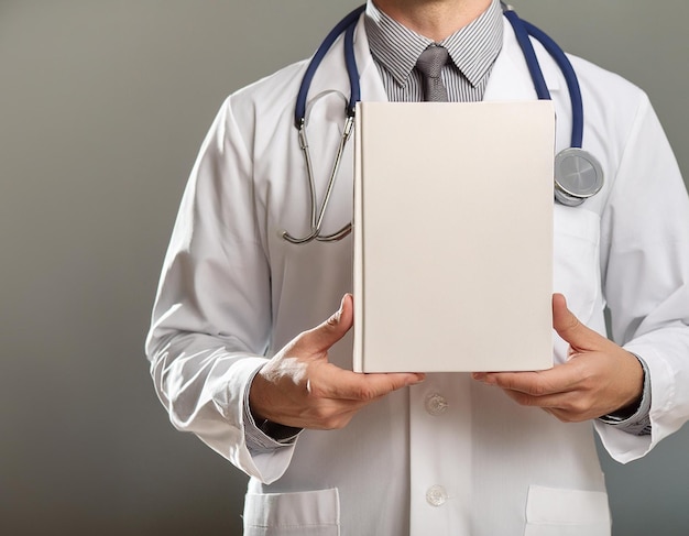a doctor holds a book with blank covers on a solid gray background