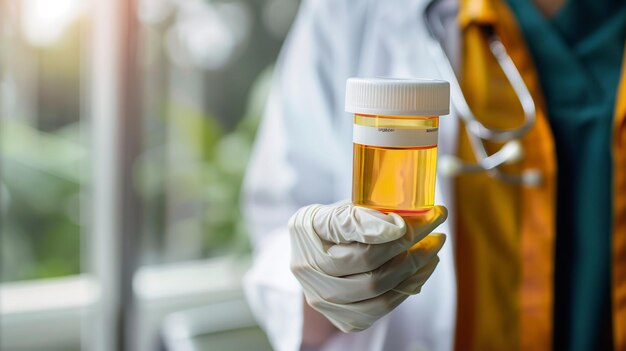 Photo a doctor holds a bottle of medicine with a white cap