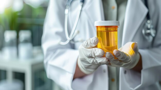 a doctor holds a glass of liquid in his hand