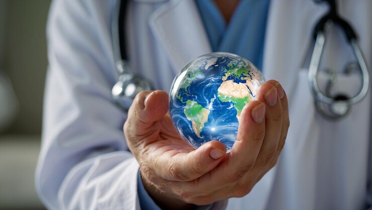 Photo a doctor holds a globe in his hands