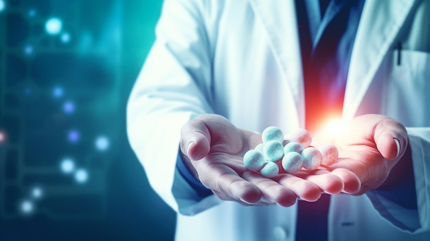 a doctor holds a handful of pills in his hands