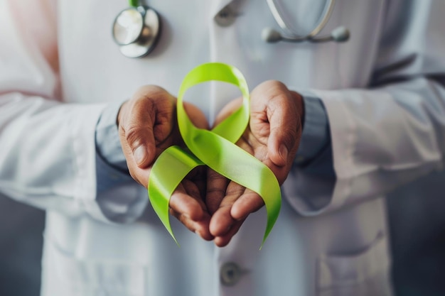 Photo doctor holds lime green ribbon promotes mental health and organ donation