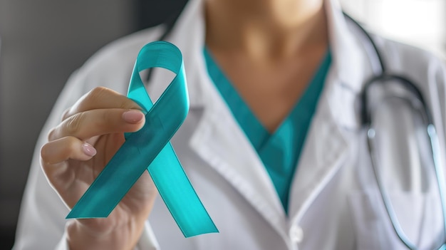 Photo a doctor holds an ovarian cancer awareness ribbon symbolizing support and care