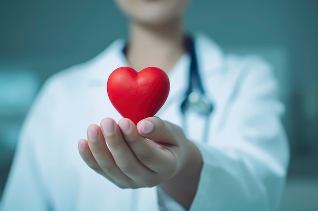 A doctor holds a red heart in his hands.