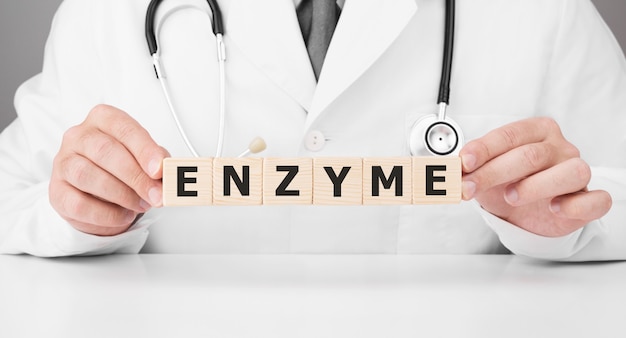 Doctor holds wooden cubes in his hands with text ENZYME