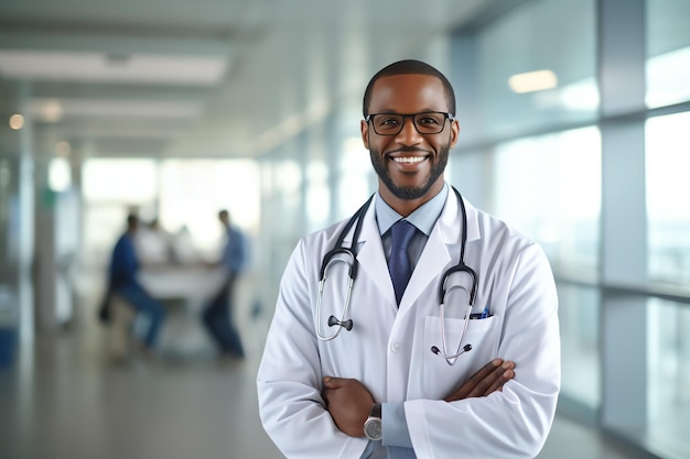 A doctor in a hospital with a stethoscope on his neck