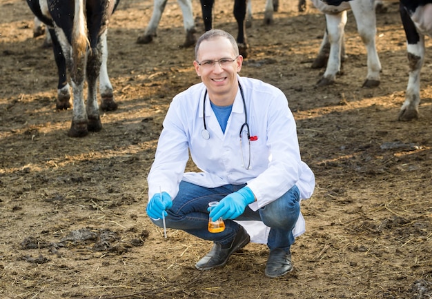 Doctor inspects organic material on the ranch cows