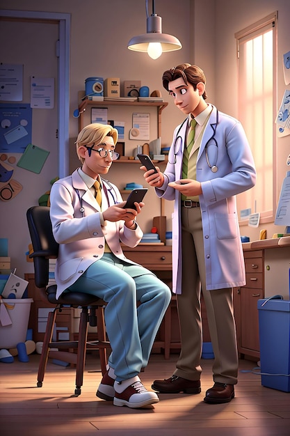 Врач общается с пациентом с помощью трехмерной иллюстрации персонажа мобильного телефона