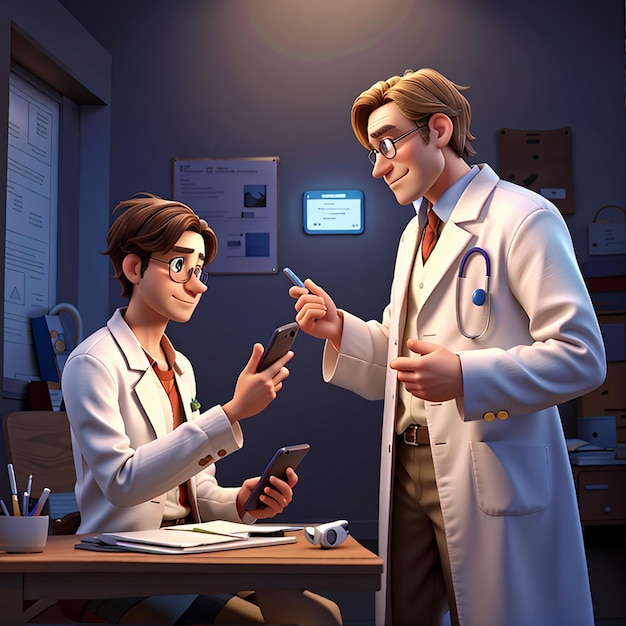 의사는 휴대폰 3d 캐릭터 일러스트레이션을 통해 환자와 의사소통을 하고 있습니다.