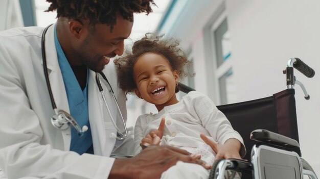 Photo a doctor is holding a child in a wheelchair and the child is smiling