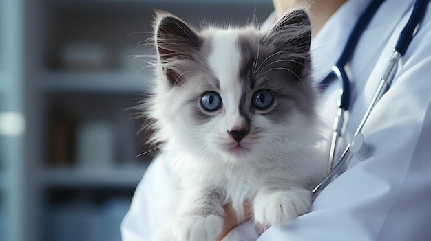 врач держит на руках милого белого кота в ветеринарной клинике и улыбается