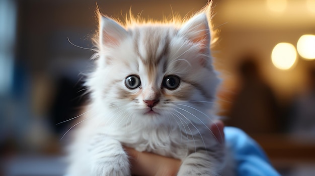 Foto il medico tiene in mano un simpatico gatto bianco presso la clinica veterinaria e sorride