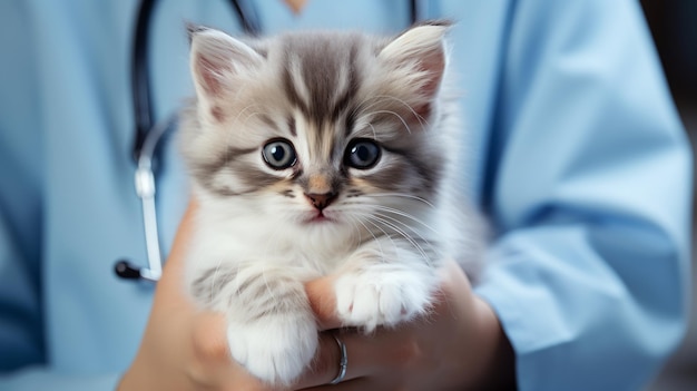 врач держит на руках милого белого кота в ветеринарной клинике и улыбается
